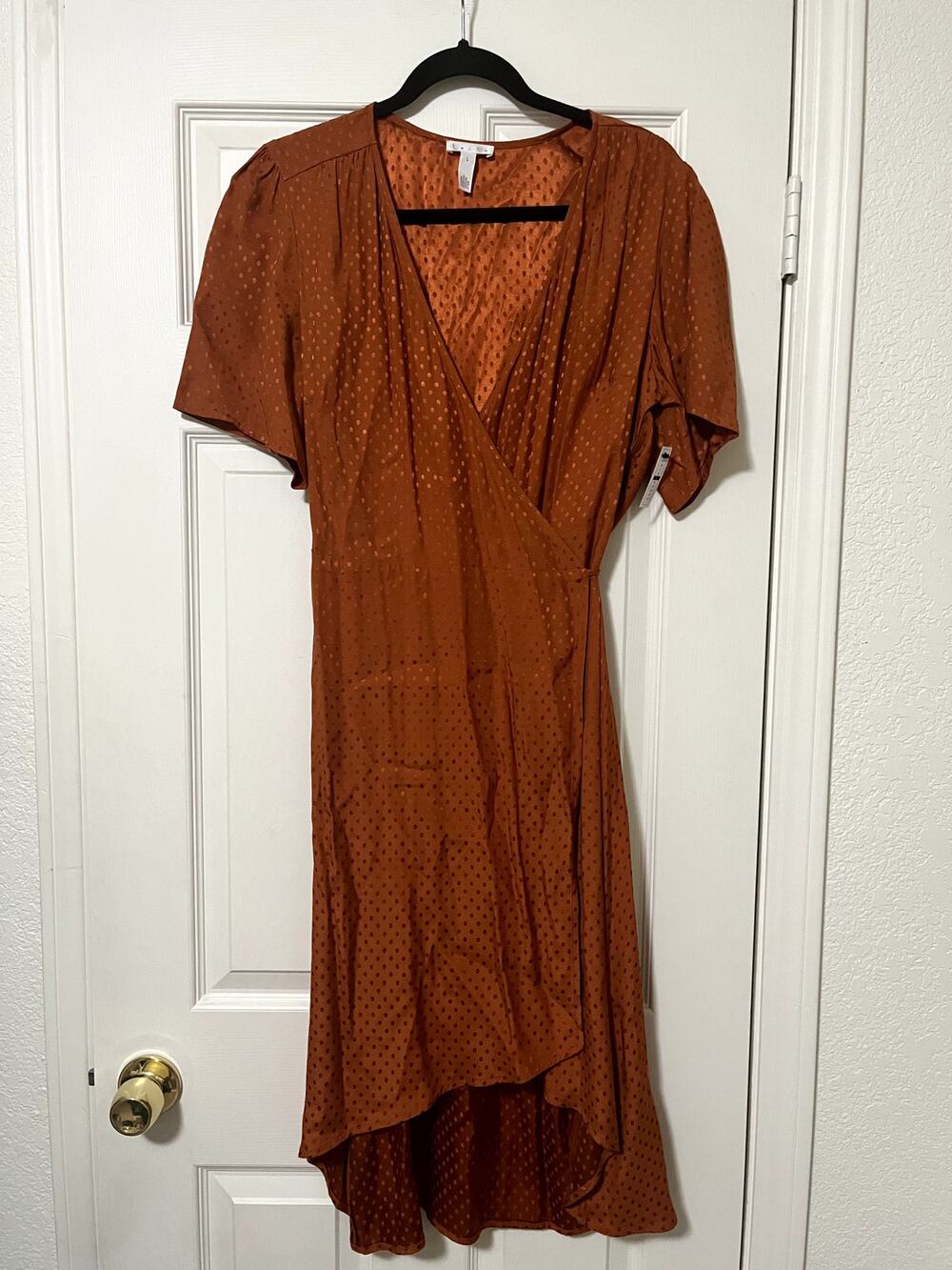 Leith Burnt Orange Swiss Dot Satin Wrap Dress - NWT
